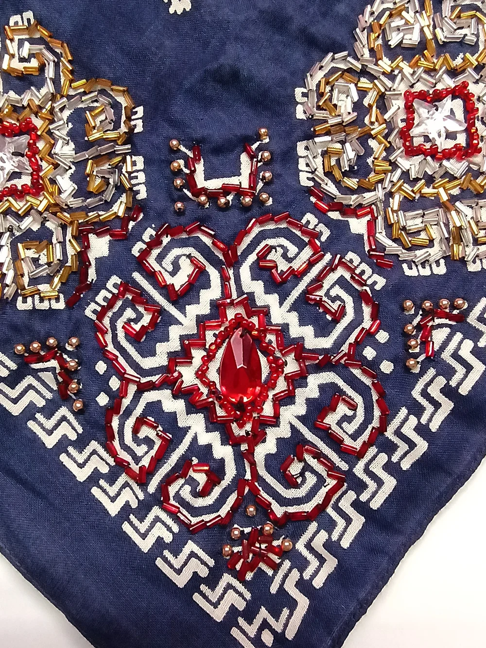 Vintage Bandana Navy Blue With Beadwork 100% Cotton